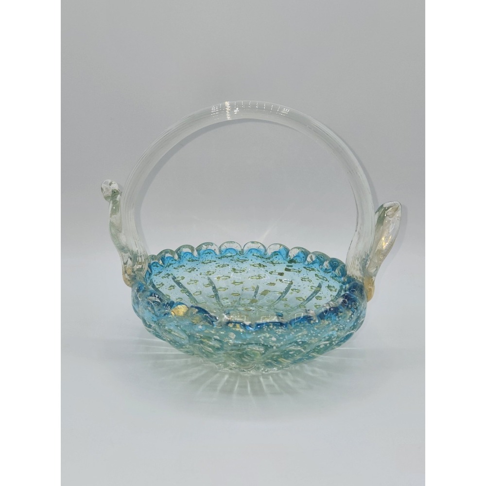 Murano Nasco Venetian Art Glass Aqua Blue Gold‎ Fleck Basket
